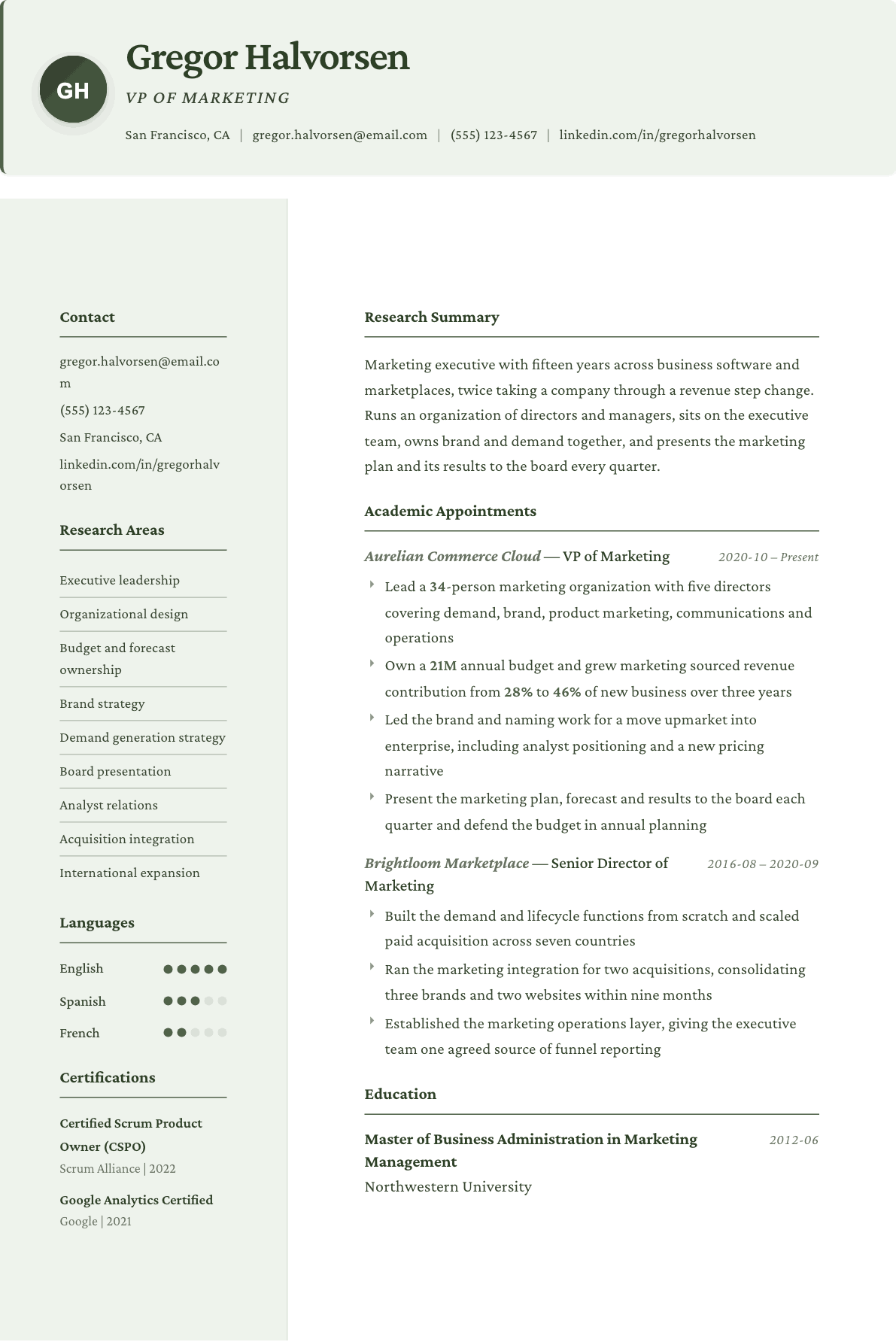 VP of Marketing resume example, Research template
