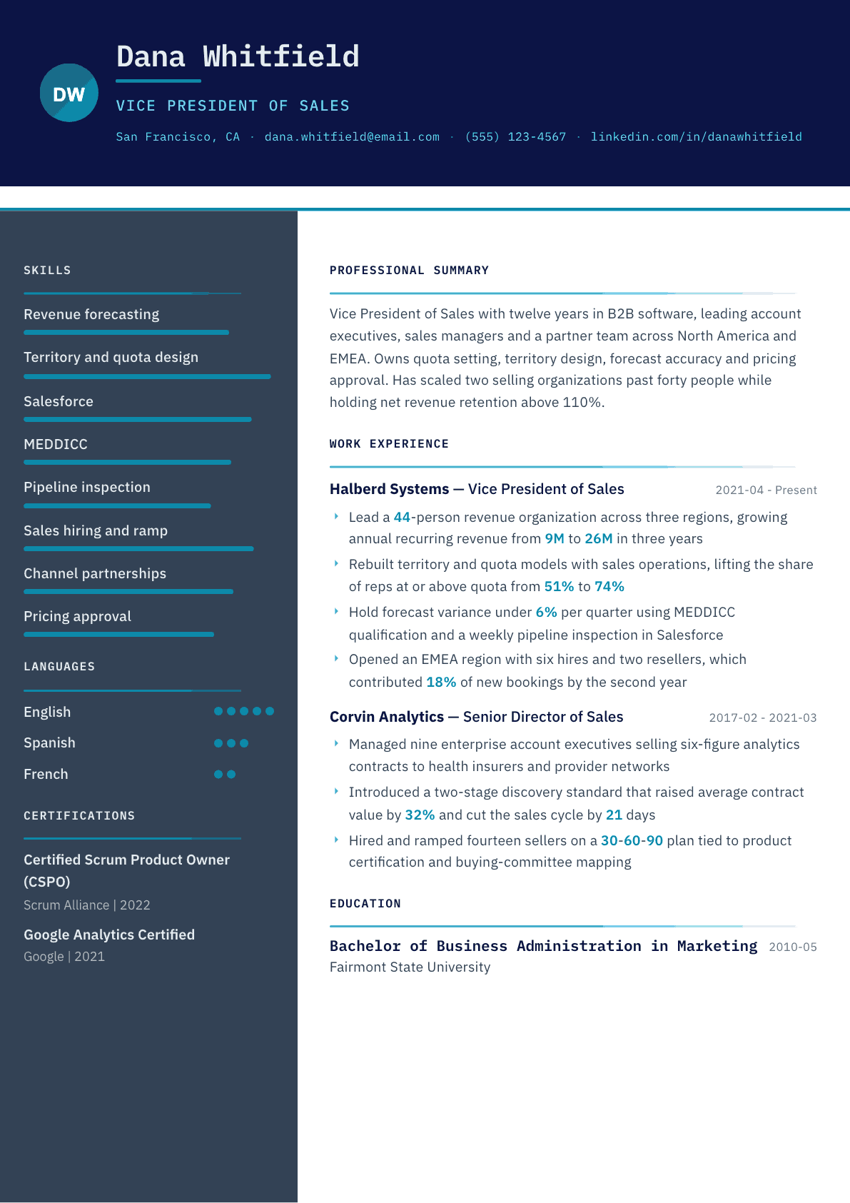 VP of Sales resume example, Atlas template