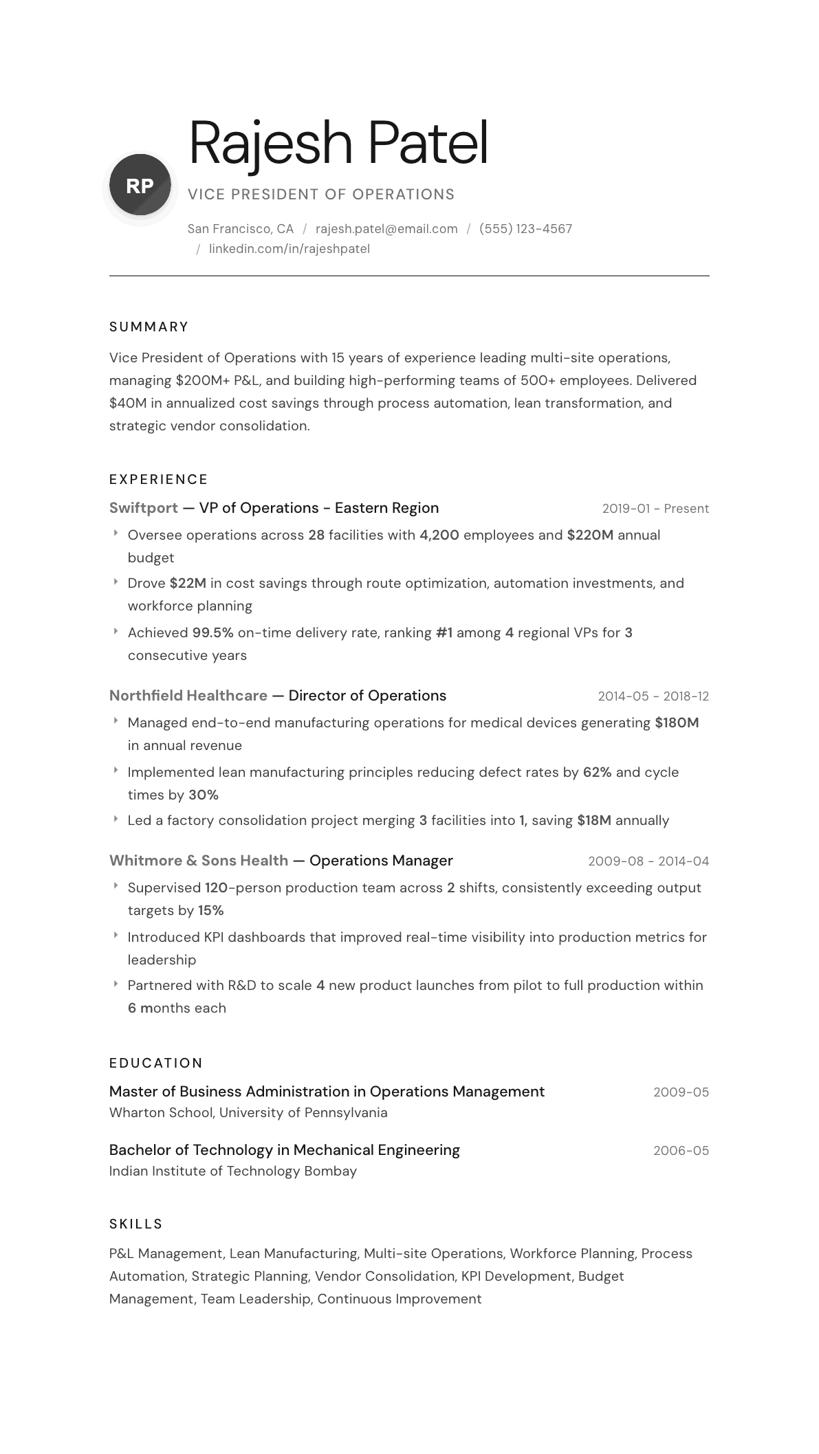 VP Operations resume example, Whisper template