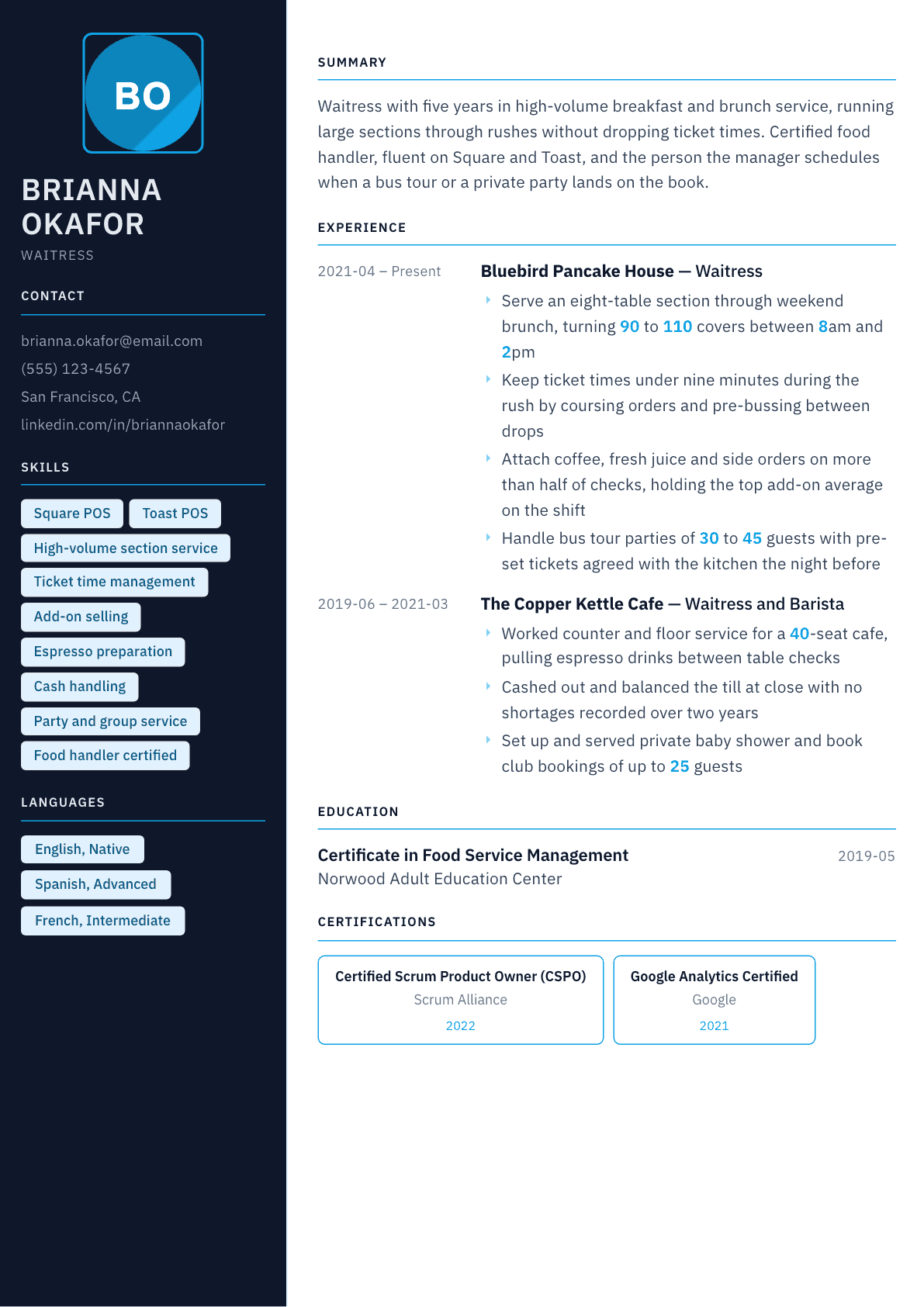 Waitress resume example, Everest template