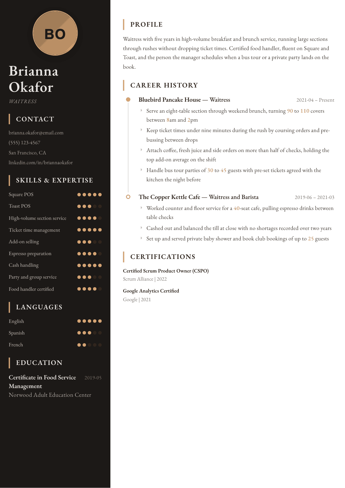 Waitress resume example, Heritage template