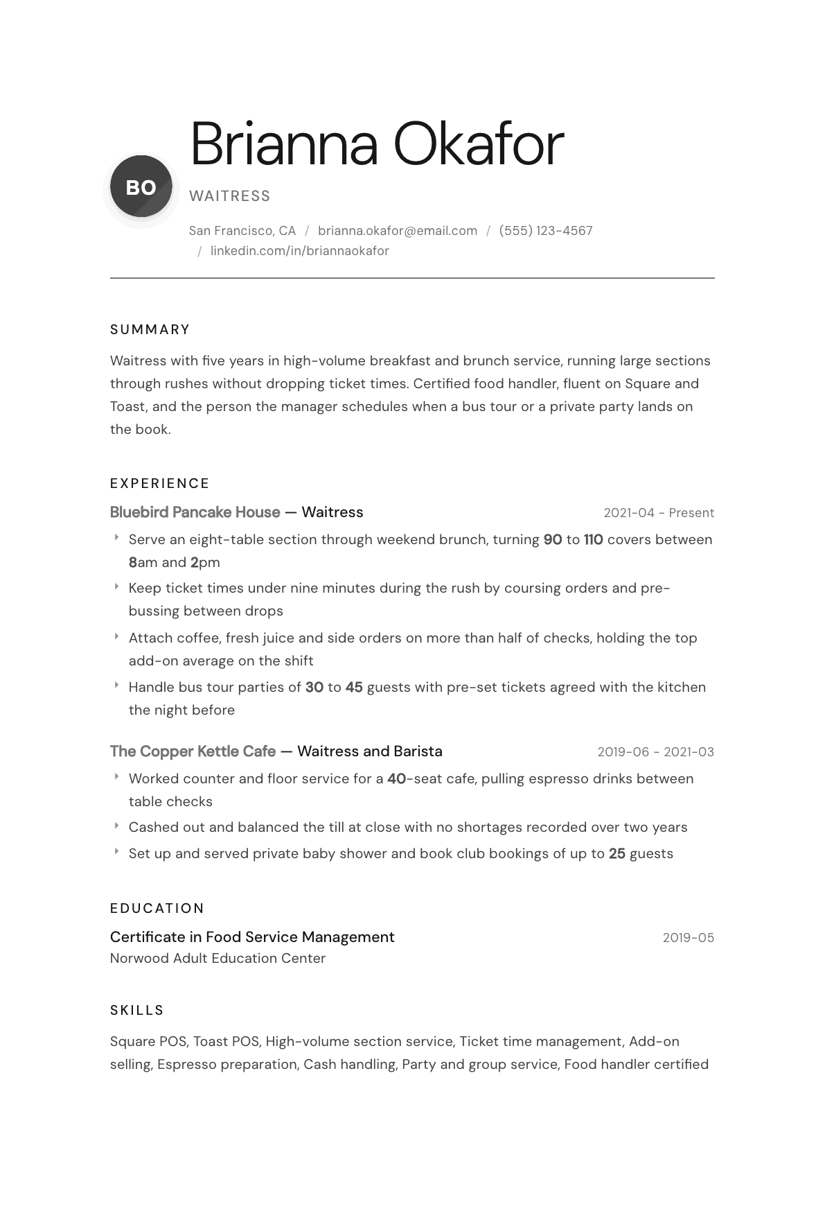 Waitress resume example, Whisper template
