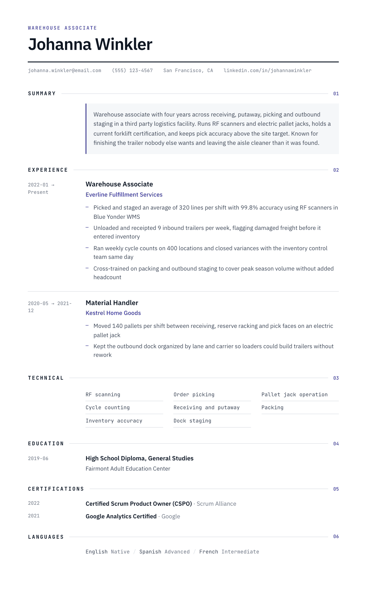 Warehouse Associate resume example, Substrate template