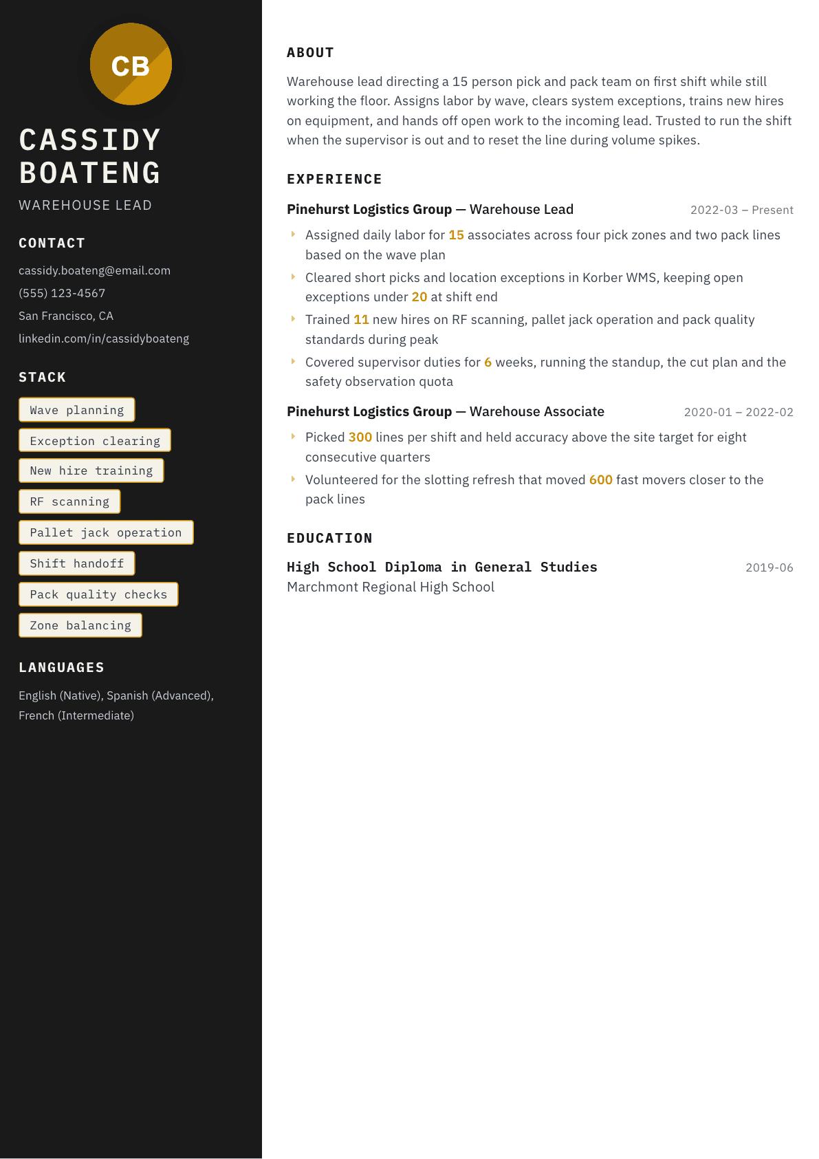 Warehouse Lead resume example, Neon template