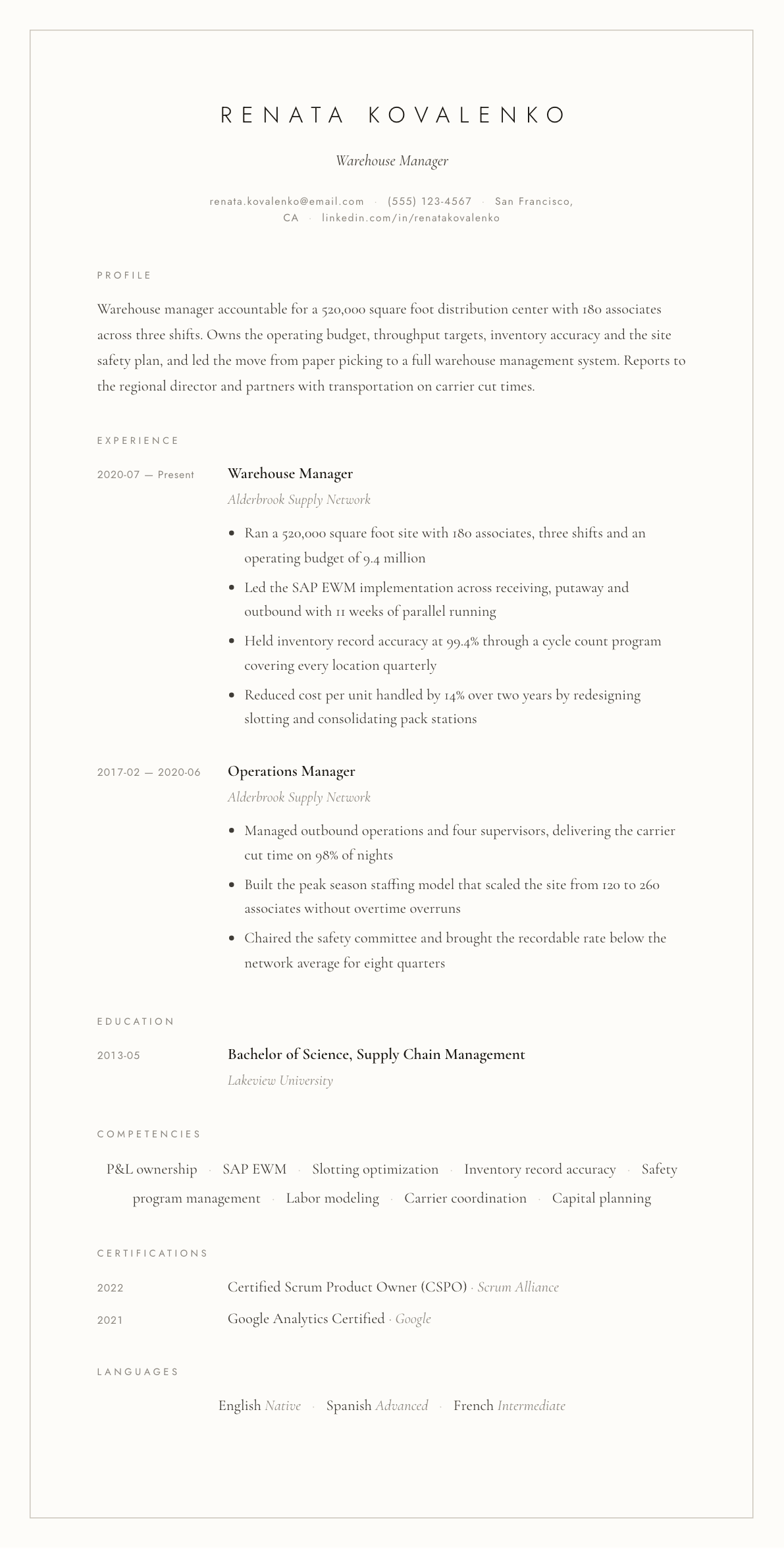 Warehouse Manager resume example, Vellum template