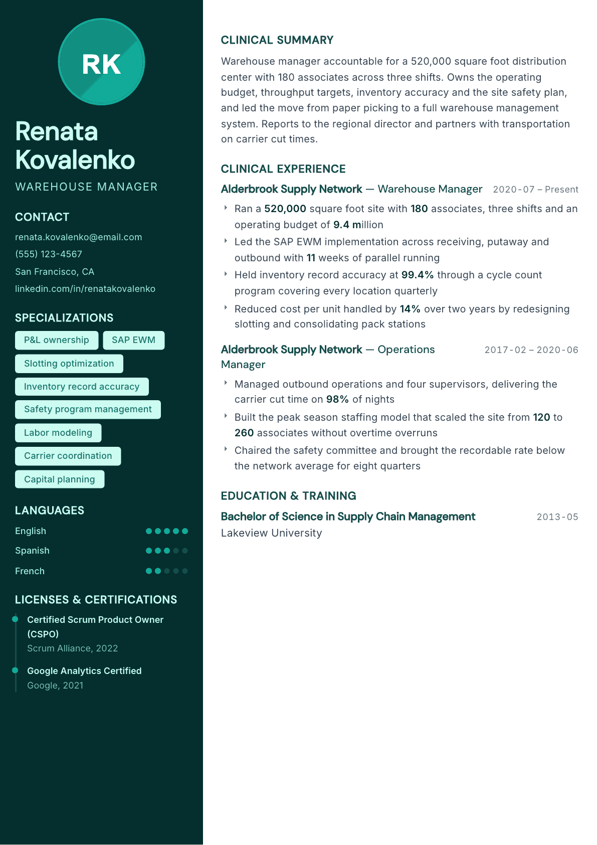 Warehouse Manager resume example, Vitalis template