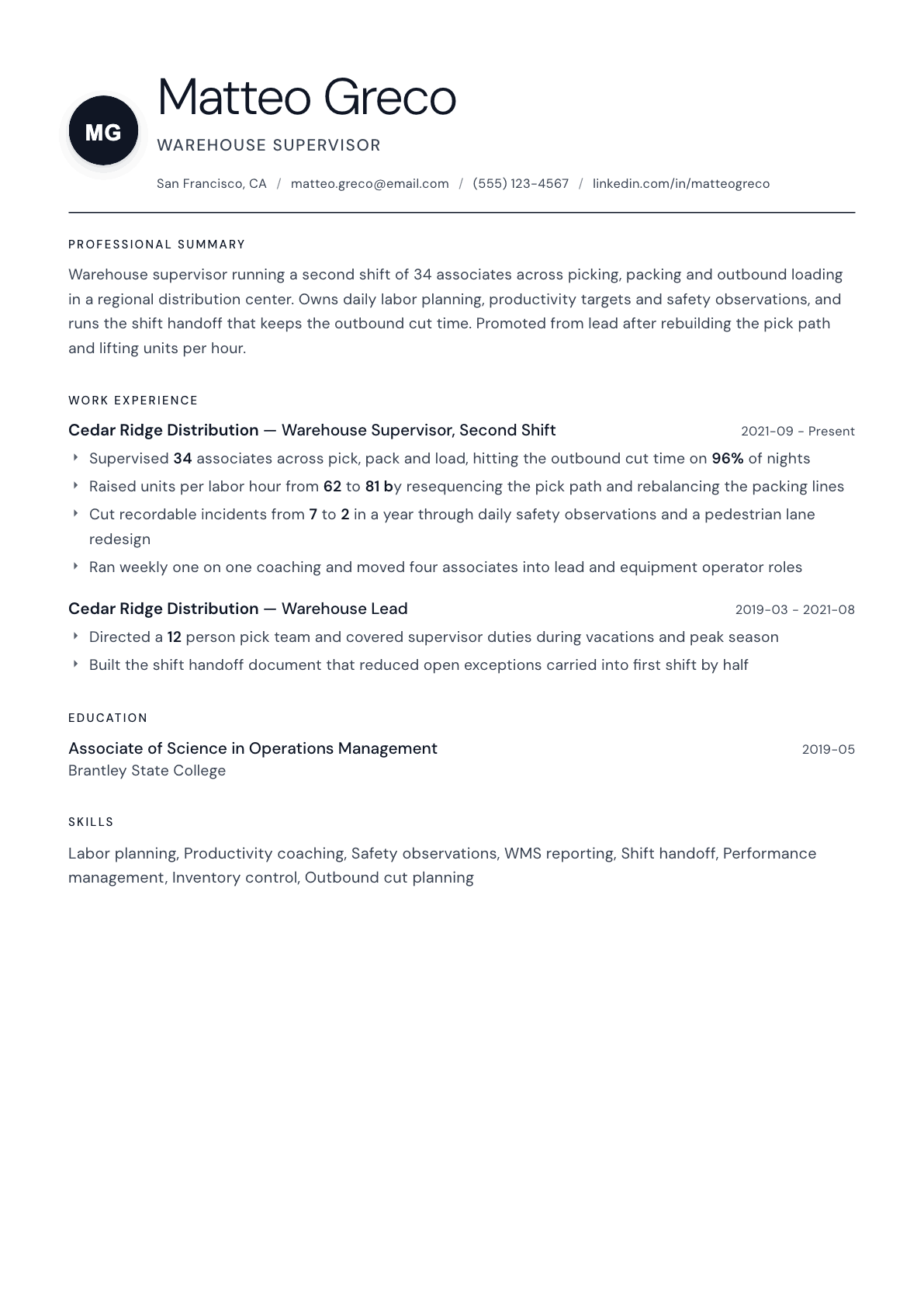 Warehouse Supervisor resume example, Stockholm template