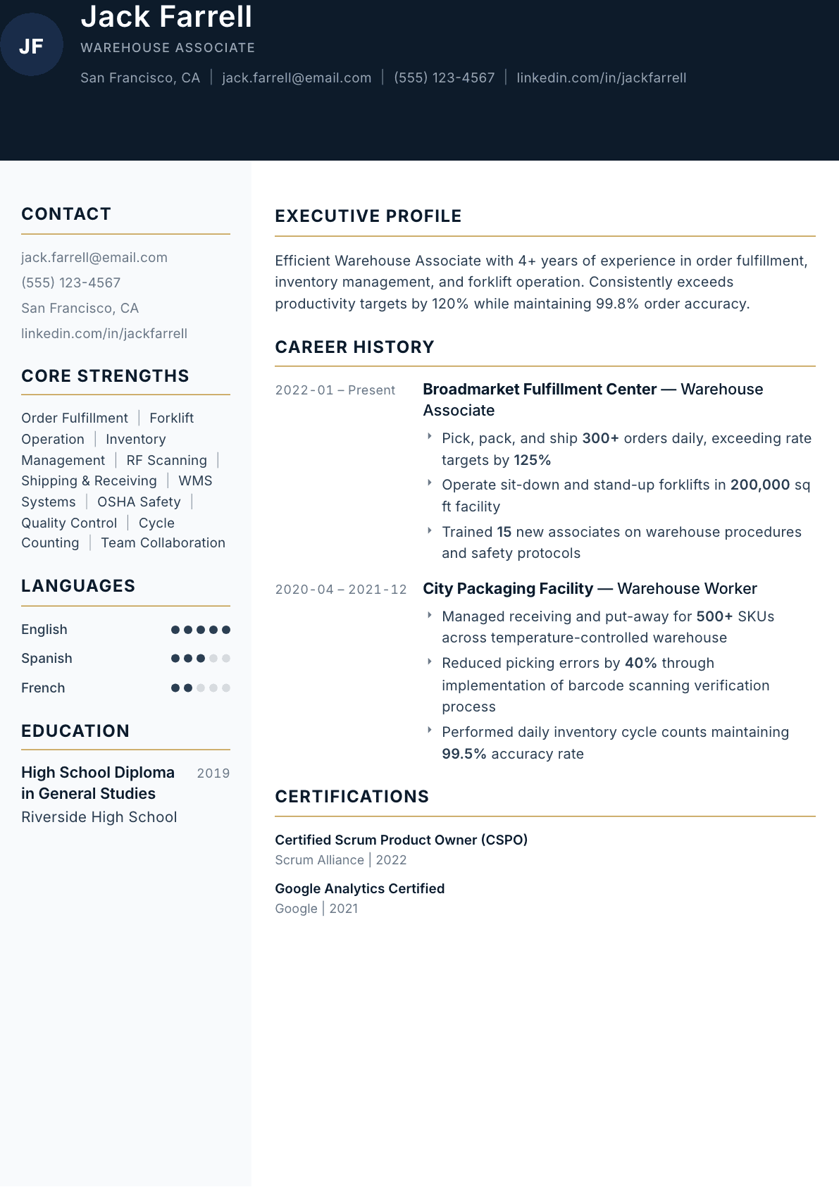 Warehouse Worker resume example, Consulate template