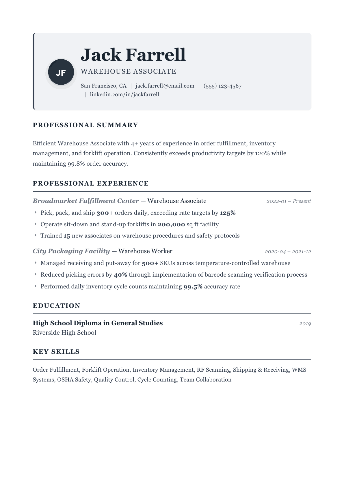 Warehouse Worker resume example, Traditional template