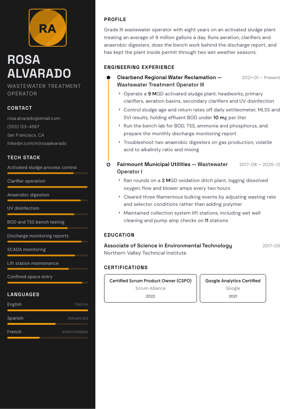 Wastewater Treatment Operator resume example, Architect template