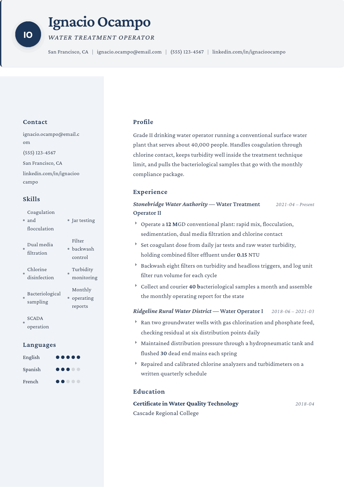 Water Treatment Operator resume example, Formal template