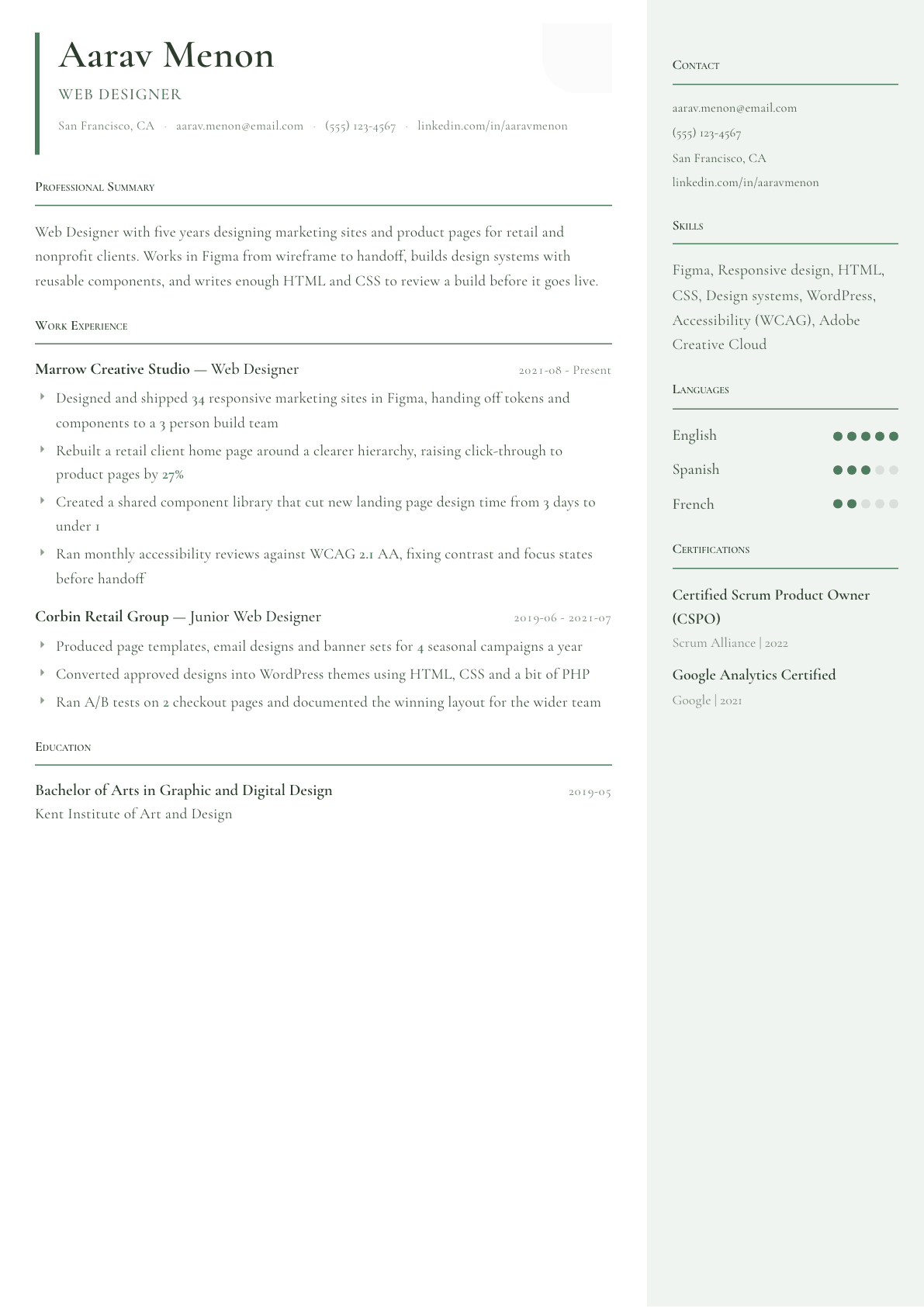 Web Designer resume example, Copenhagen template