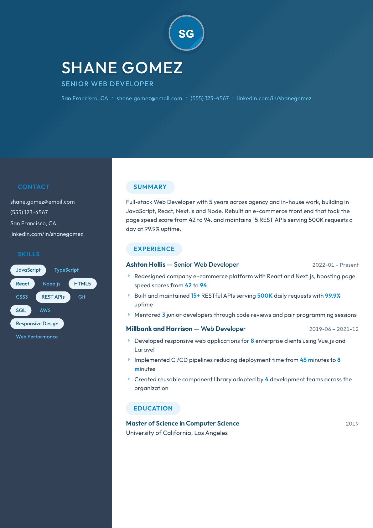 Web Developer resume example, Nexus template