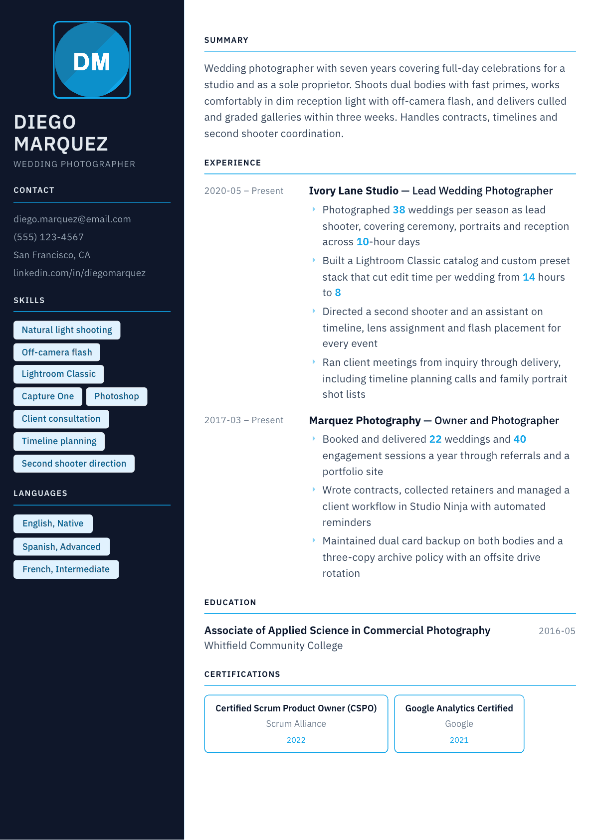 Wedding Photographer resume example, Everest template
