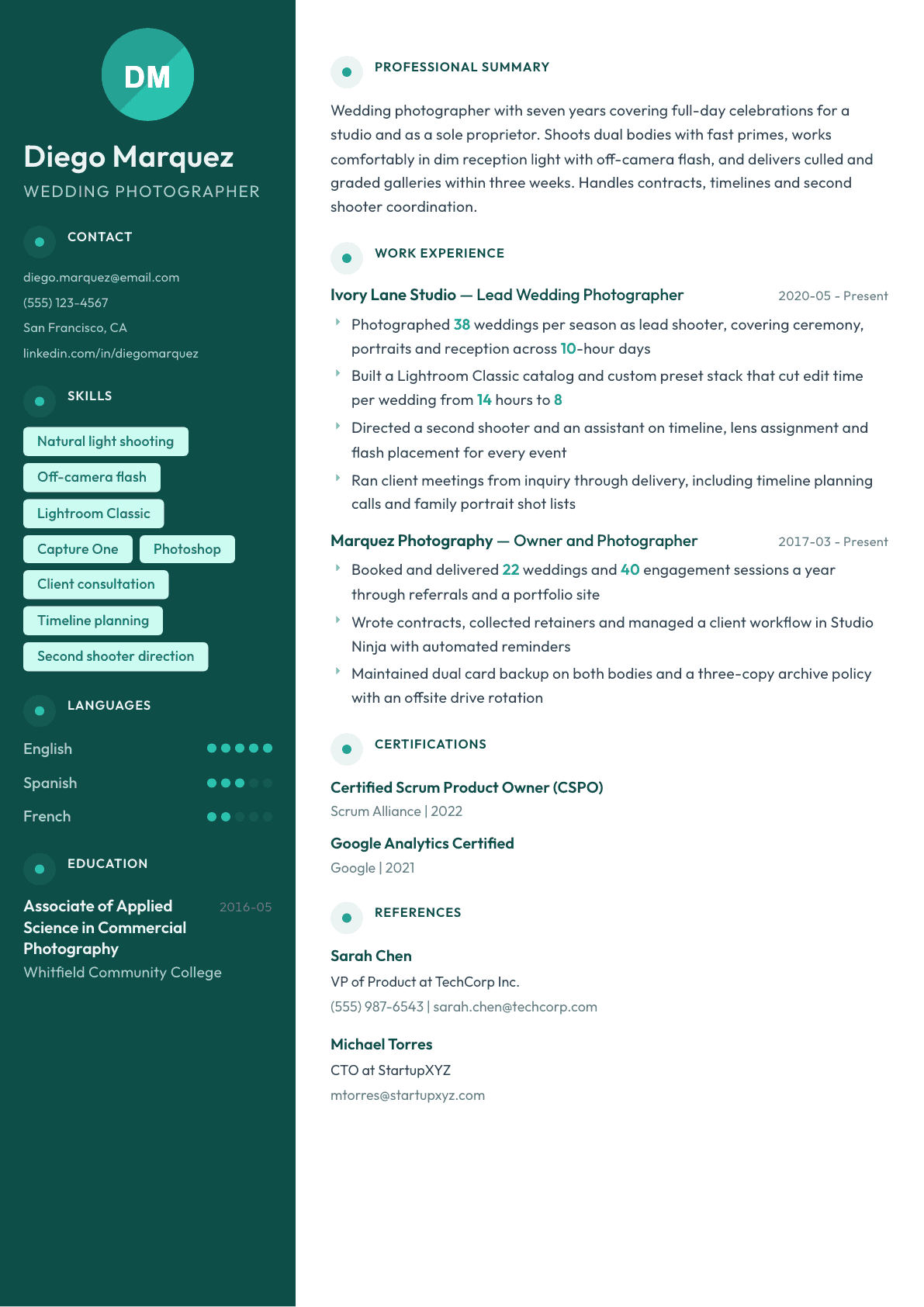 Wedding Photographer resume example, Vienna template