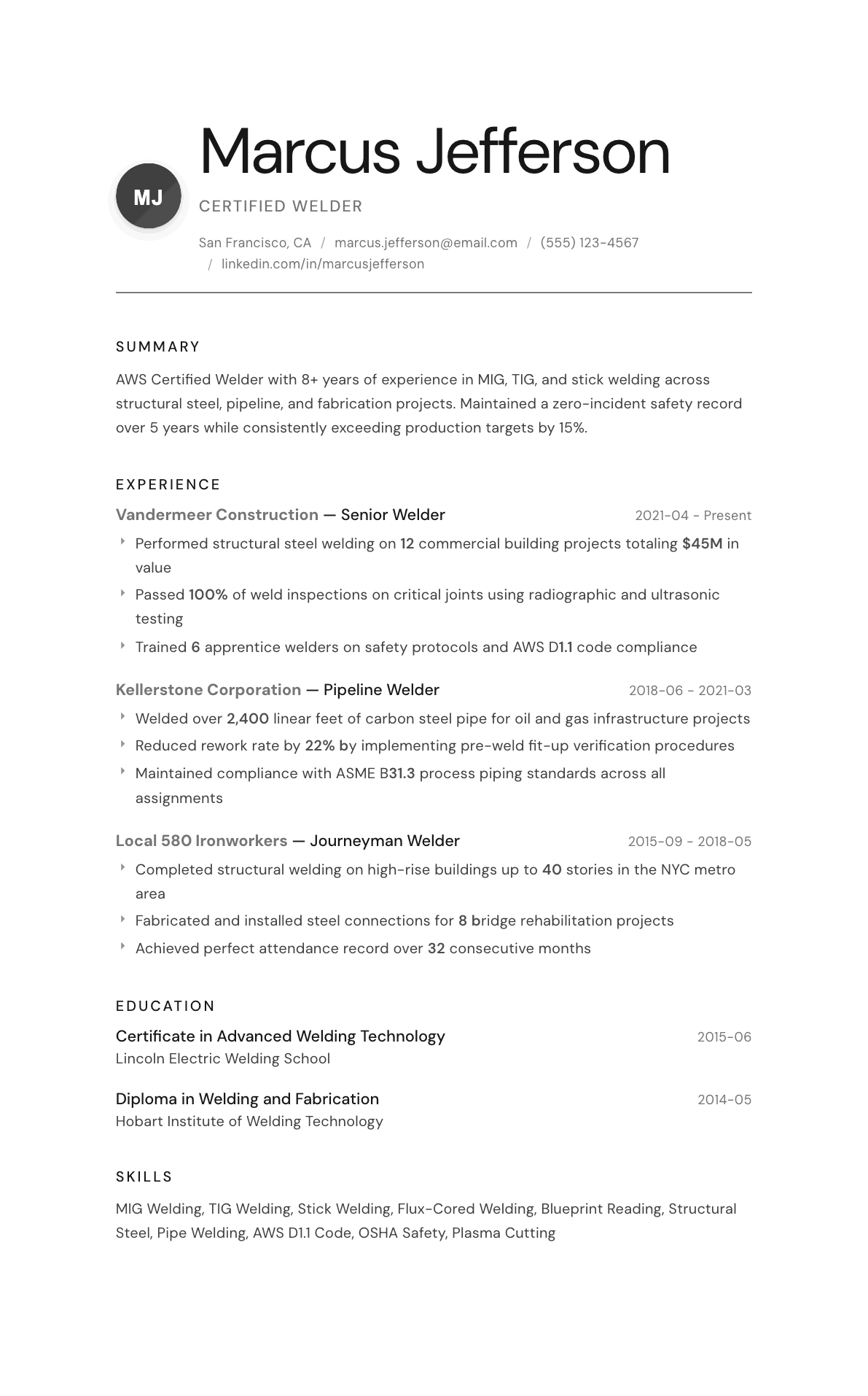 Welder resume example, Whisper template