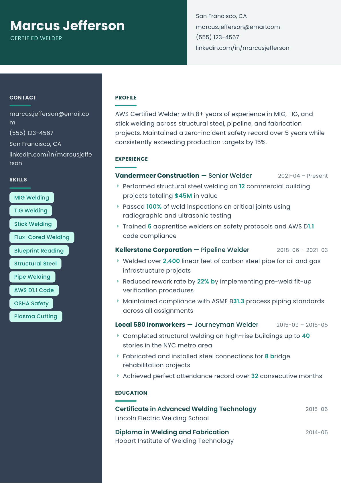 Welder resume example, Spectrum template
