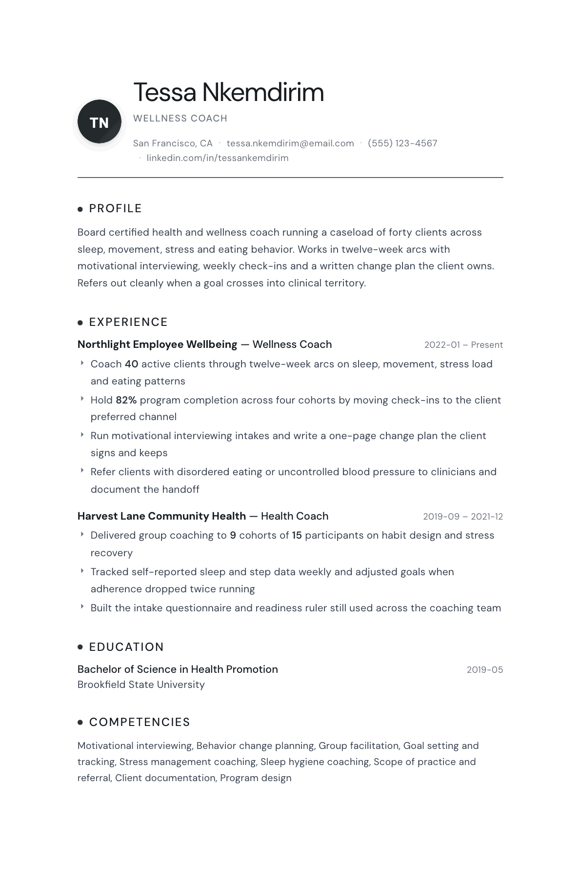 Wellness Coach resume example, Pinnacle template
