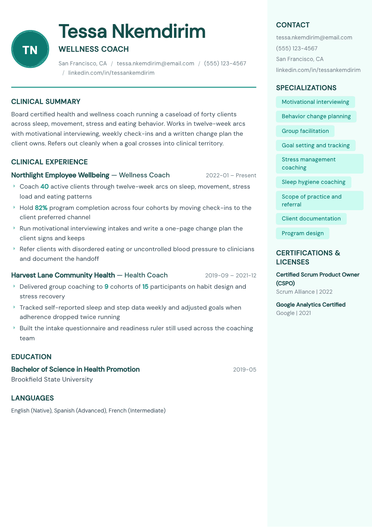Wellness Coach resume example, Remedy template