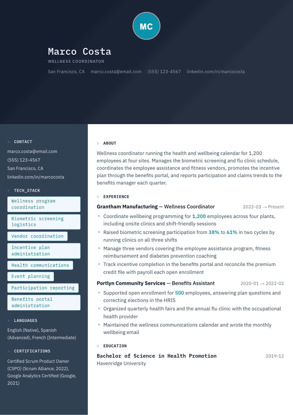 Wellness Coordinator resume example, Code Terminal template