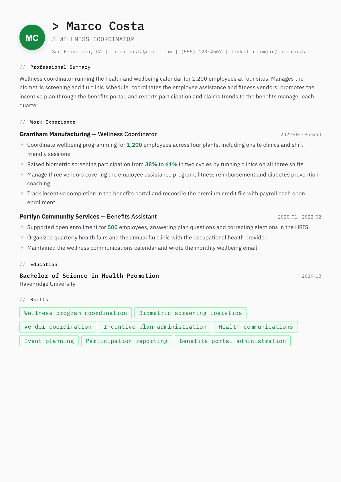 Wellness Coordinator resume example, Amsterdam template