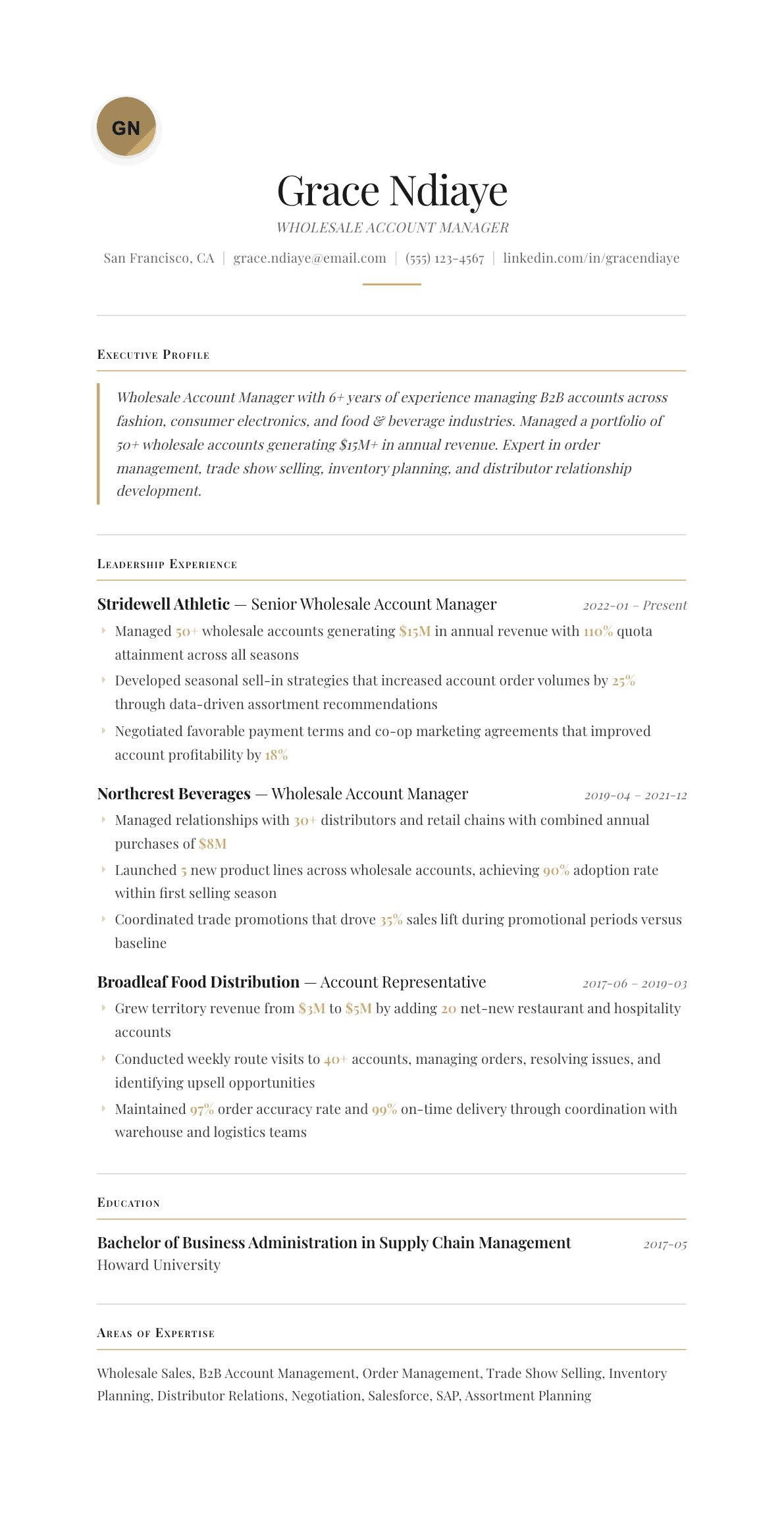 Wholesale Account Manager resume example, Chancellor template