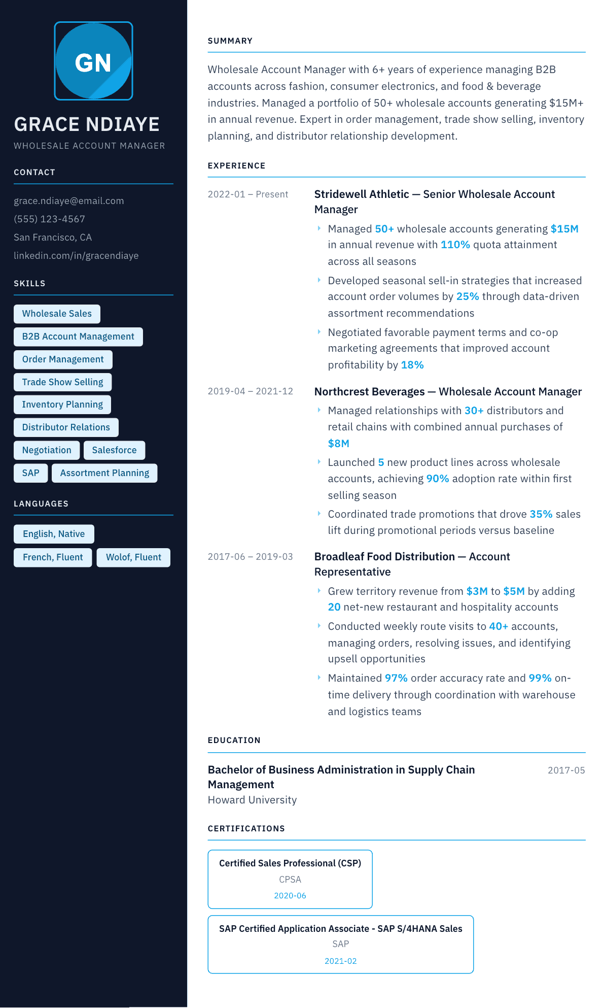 Wholesale Account Manager resume example, Everest template