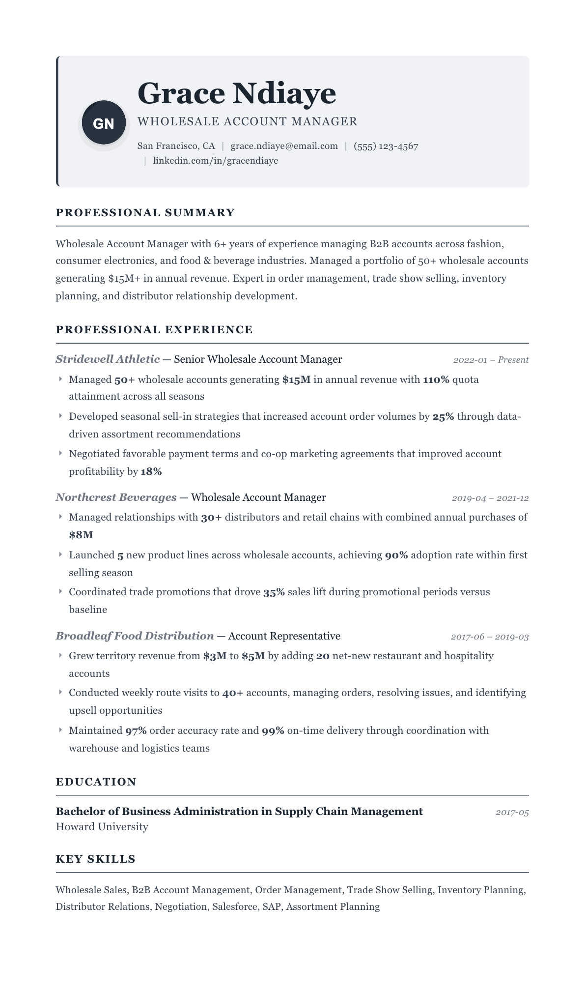 Wholesale Account Manager resume example, Traditional template