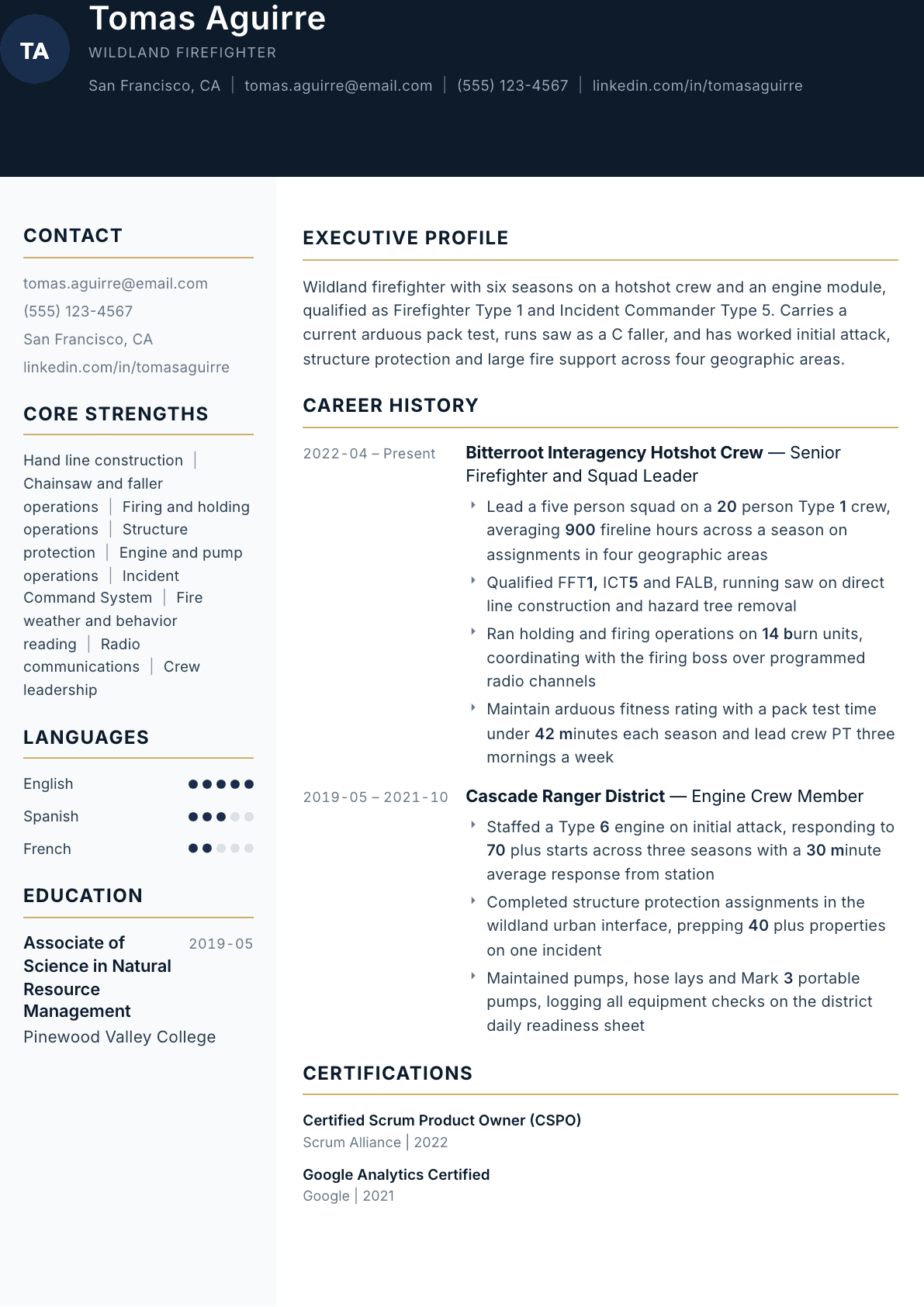 Wildland Firefighter resume example, Consulate template