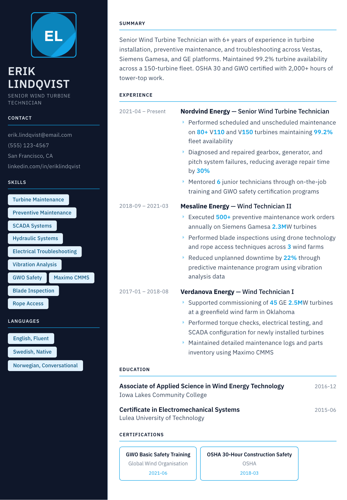 Wind Energy Technician resume example, Everest template