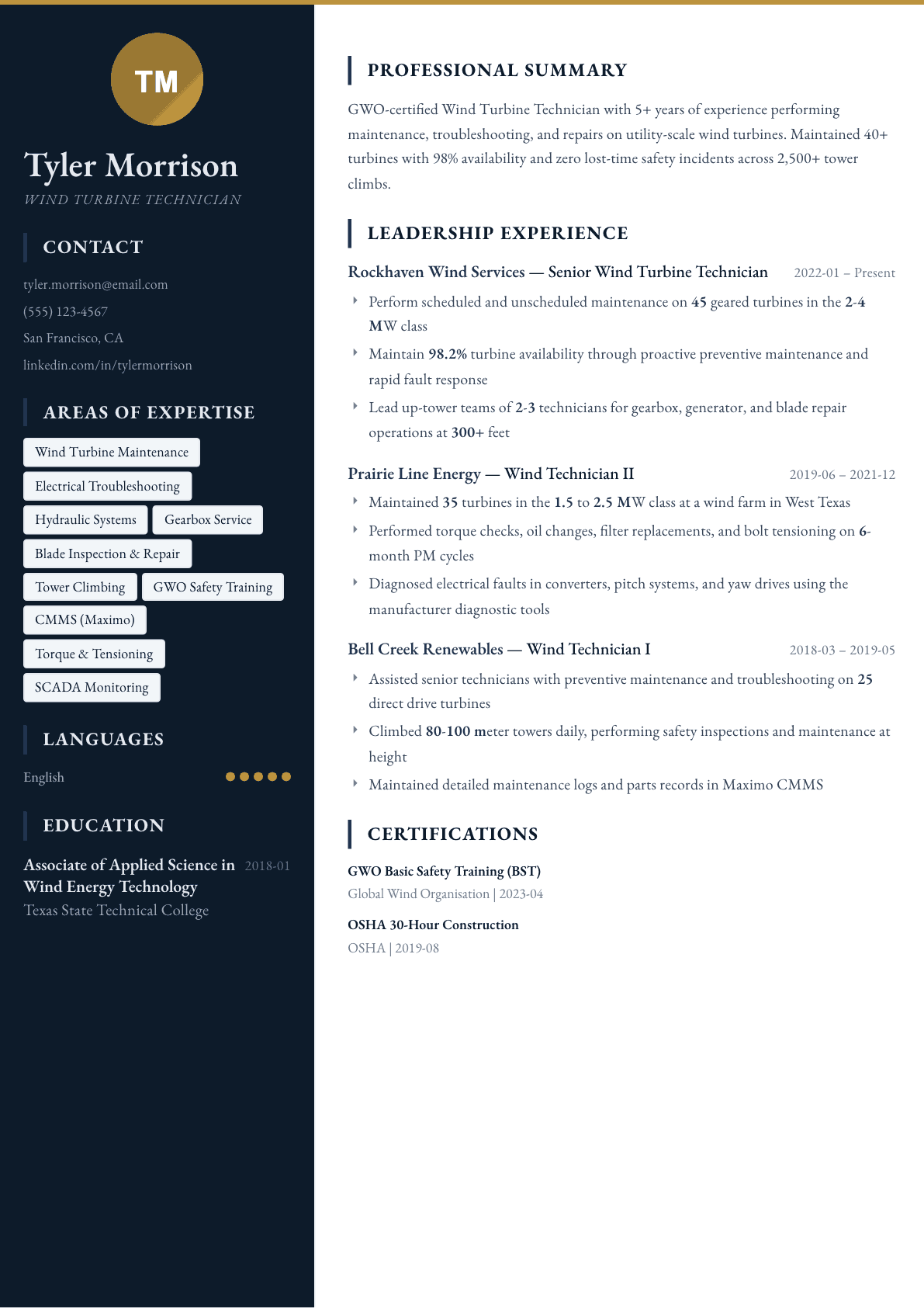 Wind Turbine Technician resume example, Presidio template