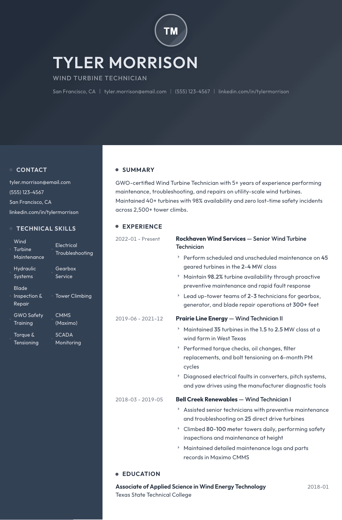 Wind Turbine Technician resume example, Binary template