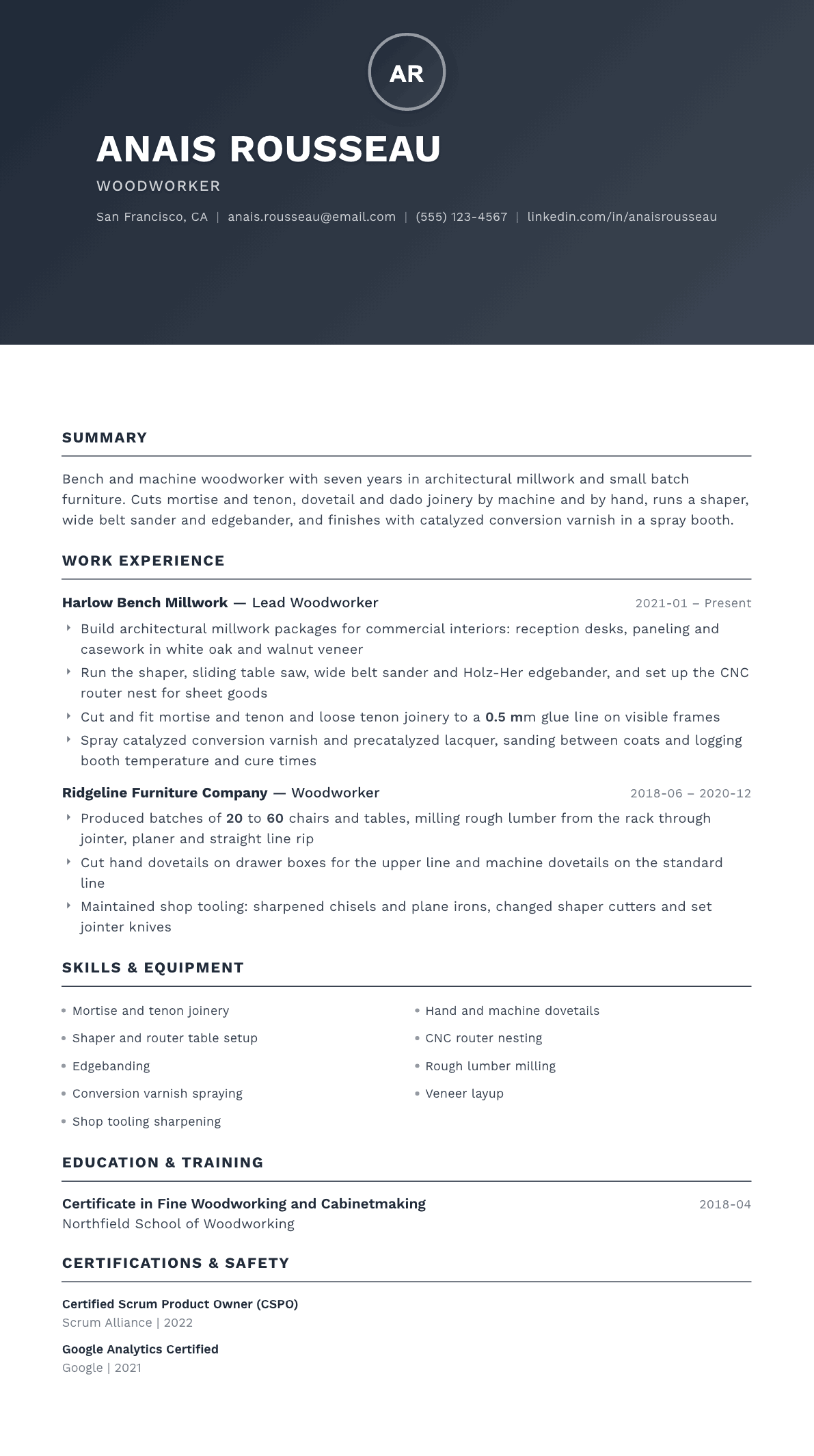 Woodworker resume example, Foundation template