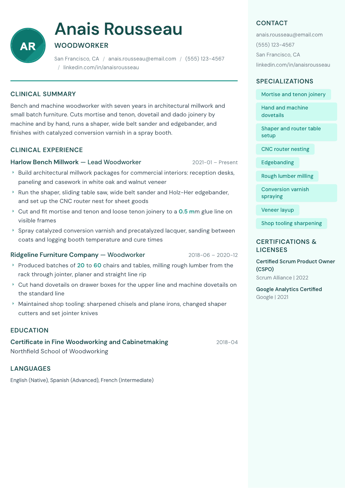 Woodworker resume example, Remedy template