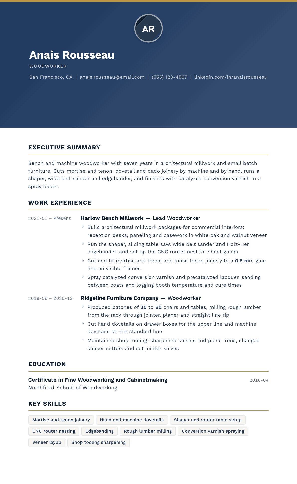 Woodworker resume example, Sovereign template