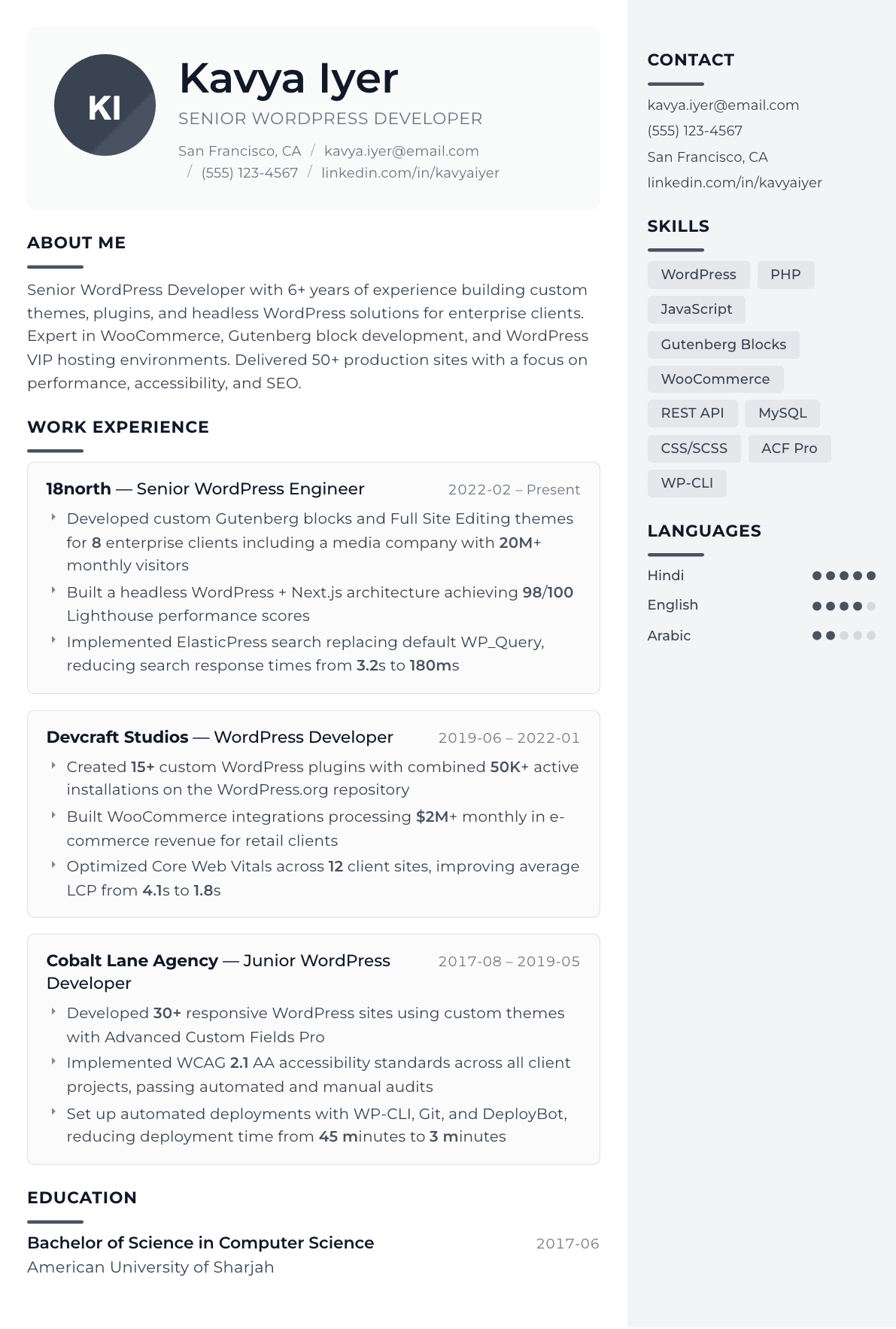 WordPress Developer resume example, Metropolitan template