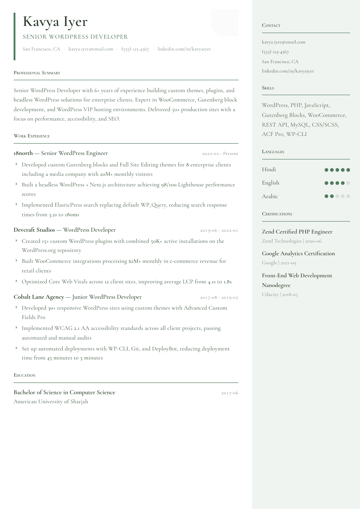 WordPress Developer resume example, Copenhagen template