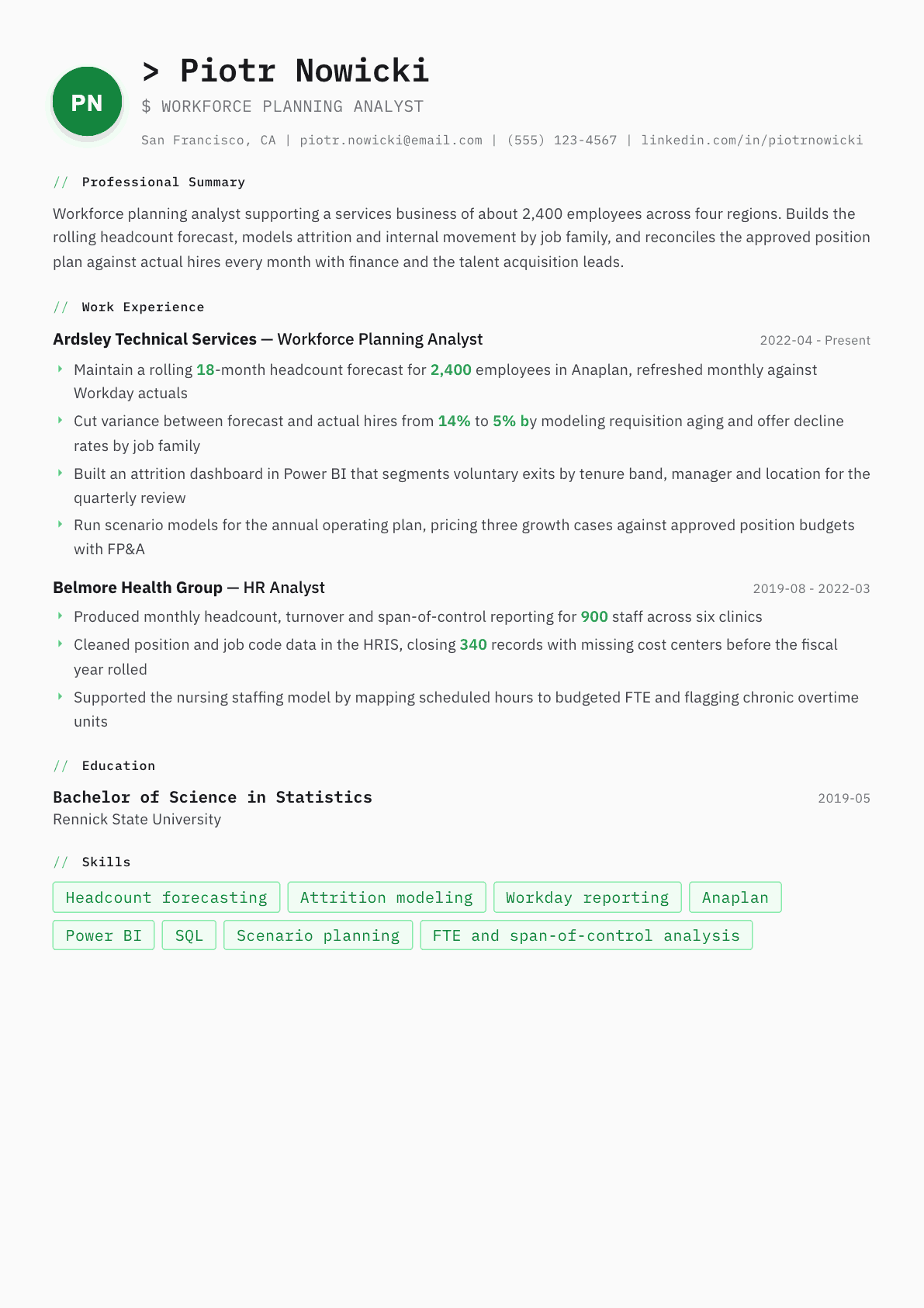 Workforce Planning Analyst resume example, Amsterdam template
