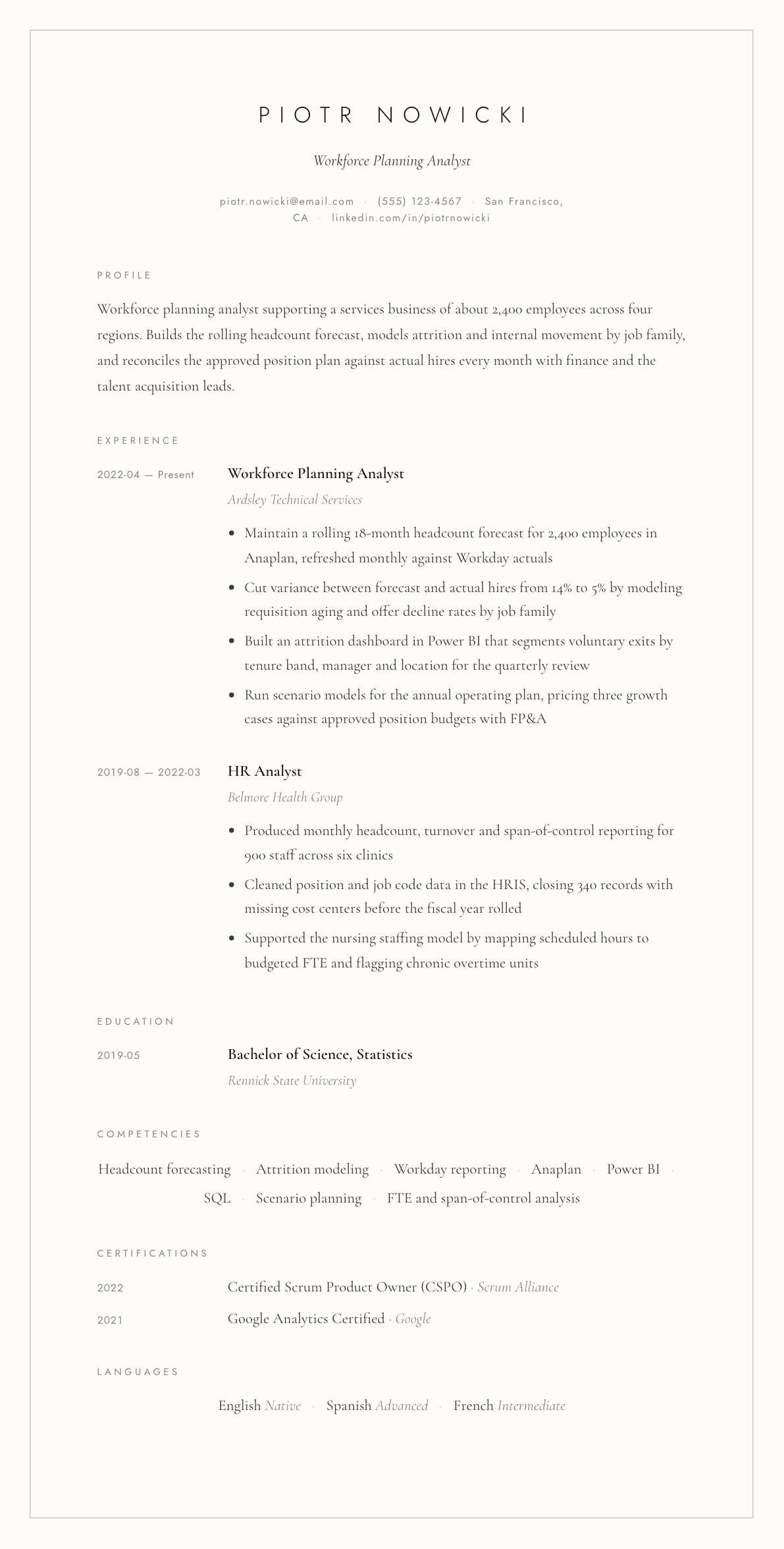 Workforce Planning Analyst resume example, Vellum template