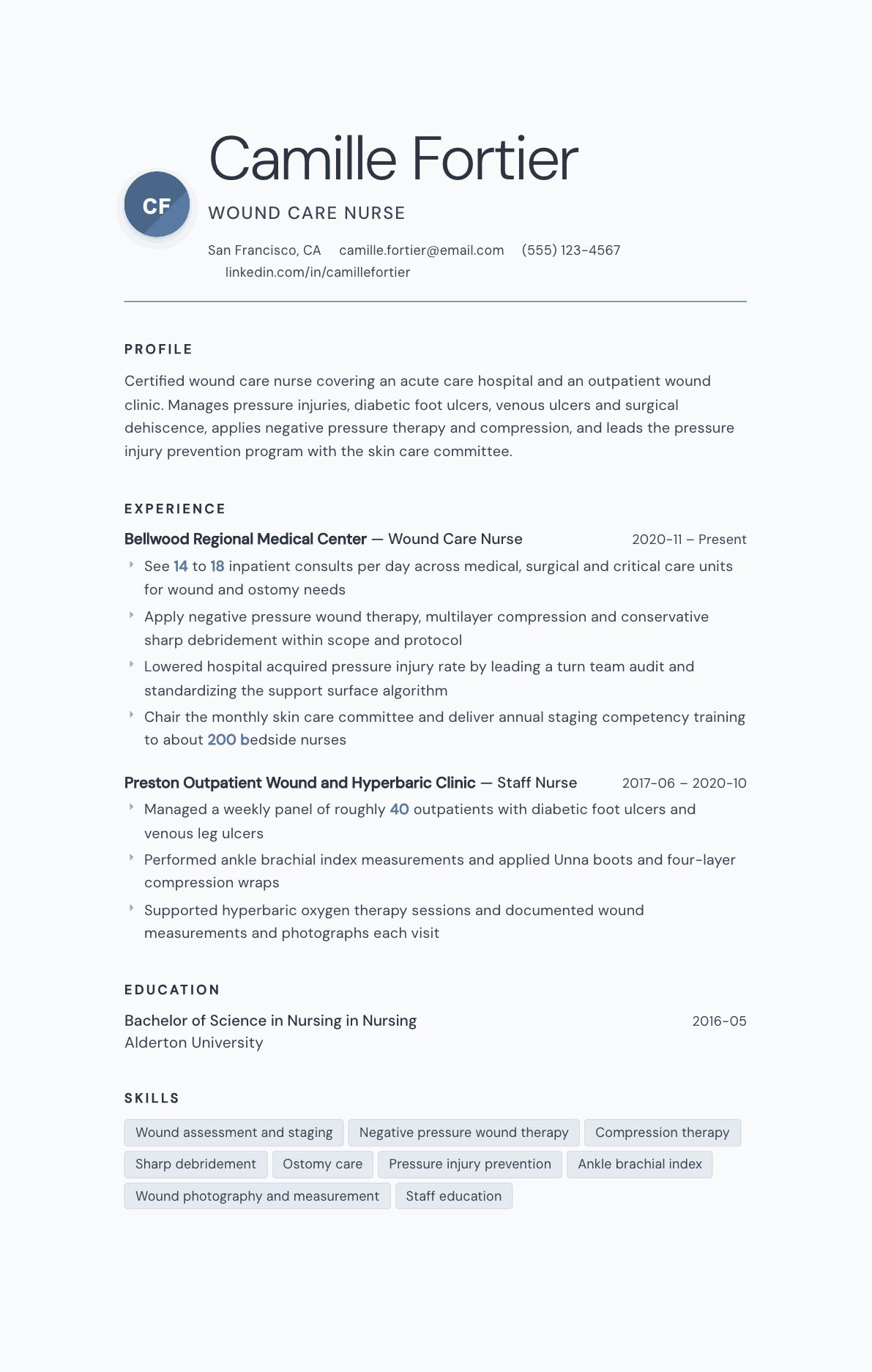 Wound Care Nurse resume example, Nordic template