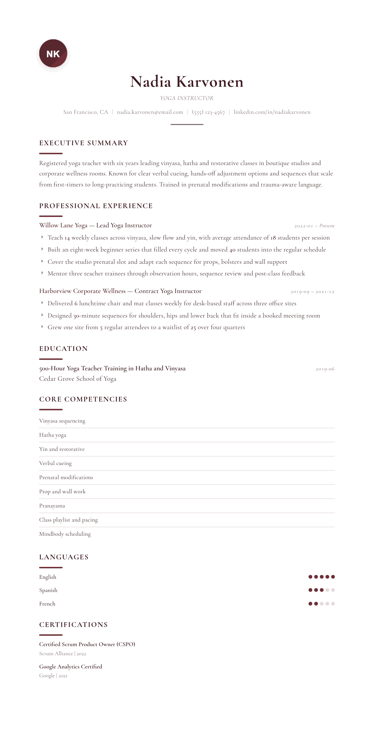 Yoga Instructor resume example, Diplomat template
