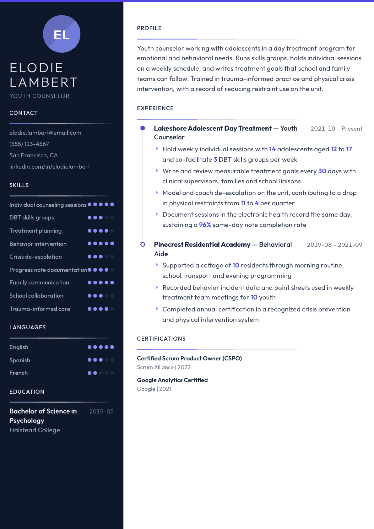 Youth Counselor resume example, Zenith template
