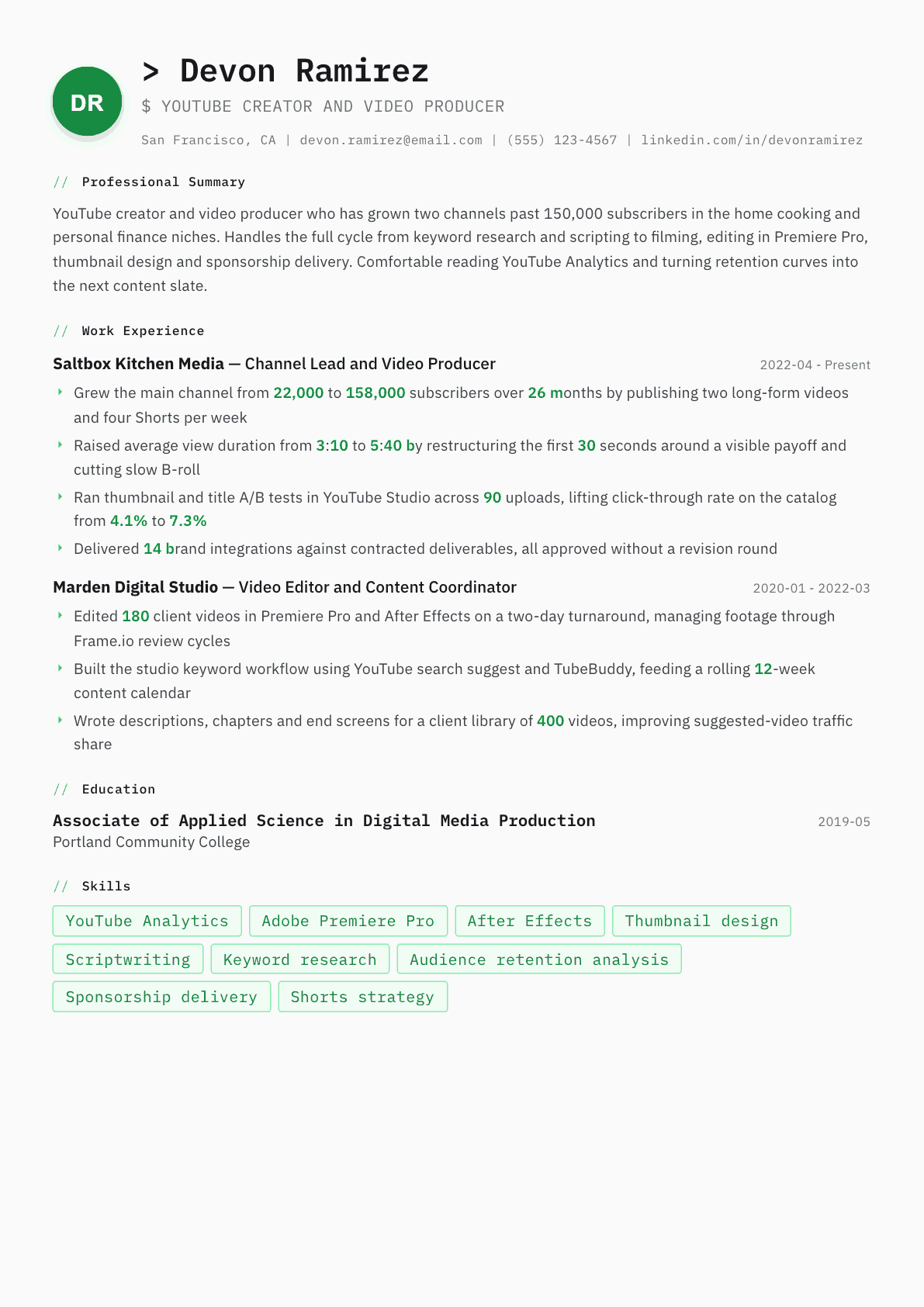 YouTube Creator resume example, Amsterdam template