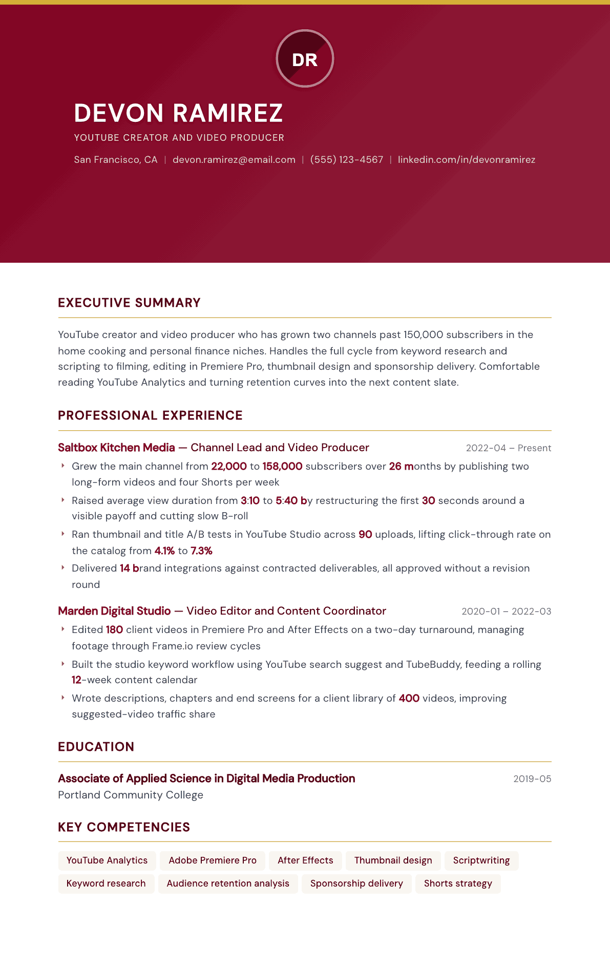 YouTube Creator resume example, Viceroy template