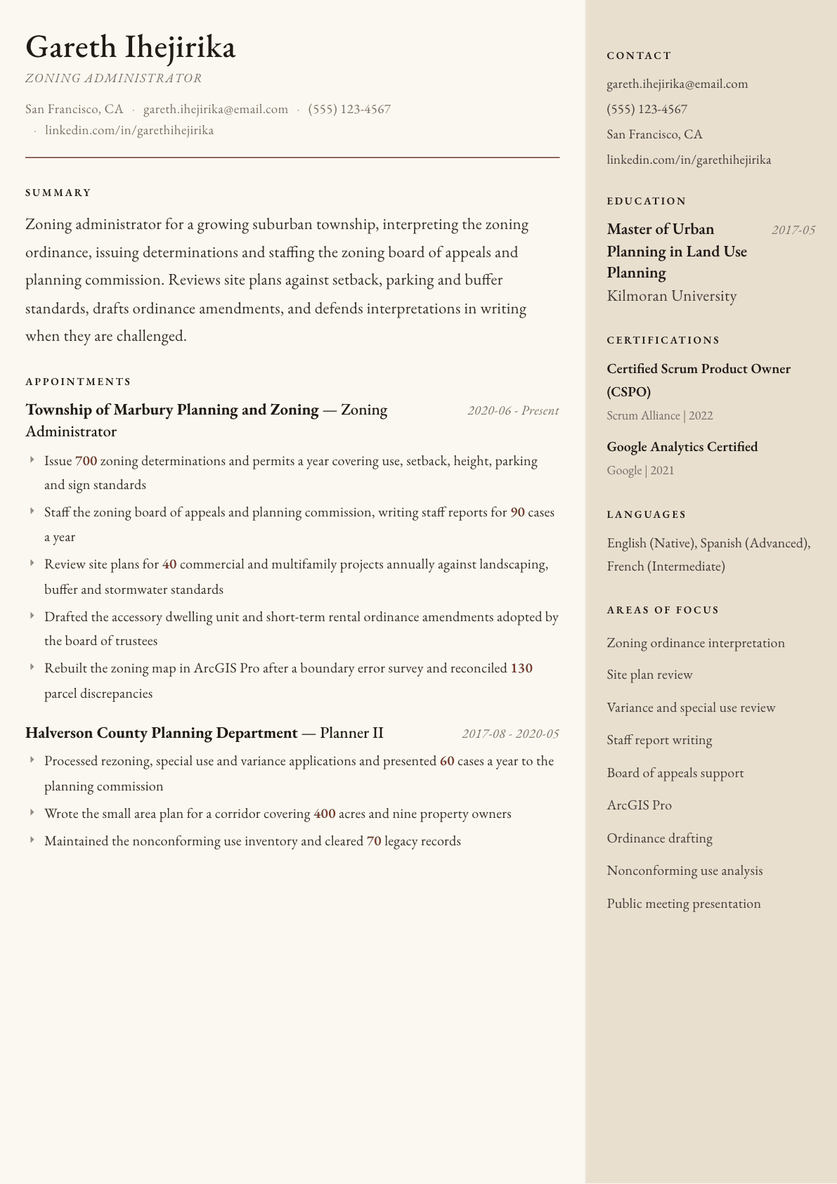 Zoning Administrator resume example, Manuscript template